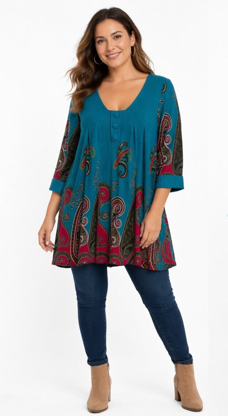 Aryeh Teal Orange Paisley Scoop Neck Elbow Length Sleeve Dress Top Size L